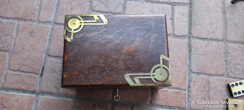 Art deco, Art Nouveau, domino box, card, chest of drawers, key, lockable, bone-wood domino, 44 pcs.
