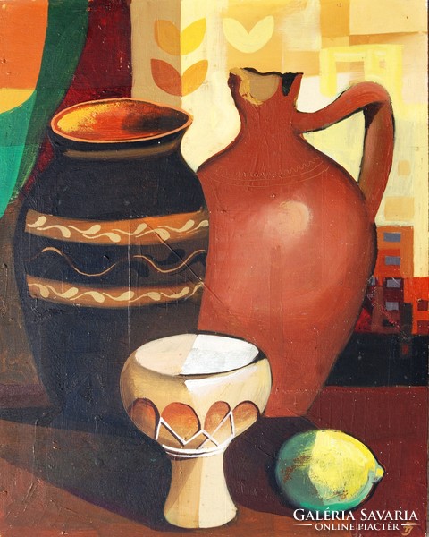 T. J.: Table still life with drum and lemon - oil painting