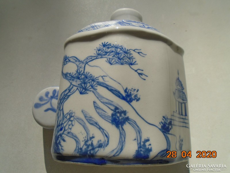 Kangxi, máz alatt kézzel festett porcelán fedeles tea tároló magas hegyi tájképekkel