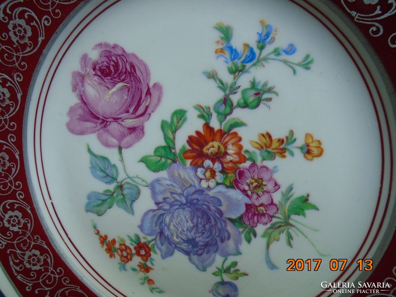 KARLSBAD CARL KNOLL monogrammal,kézzel festett virág mintás,ezüst klasszicista szegély mintás tányér