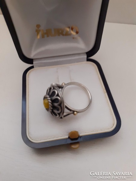 Retro silver-plated ring made of high-quality handmade adorned with amber stones