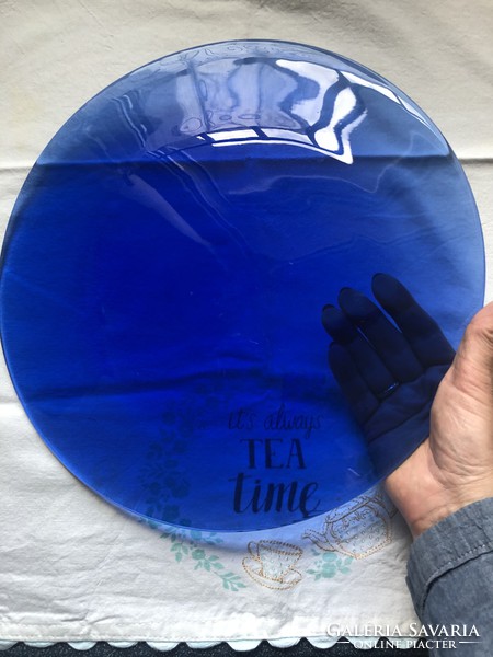 Huge size, beautiful blue round glass tray, plate 4 pcs