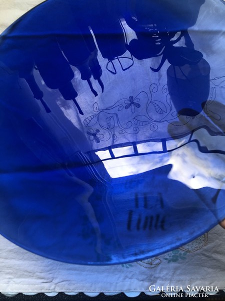 Huge size, beautiful blue round glass tray, plate 4 pcs