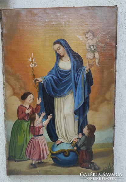 Gyönyörű antik, festmény Szentkép,XlX.szàzad letisztított àllapotban.Madonna angyalokkal, Szűzanya