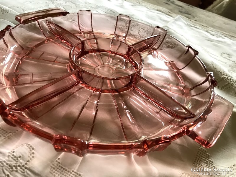 Rózsaszín art deco üveg kínáló tál
