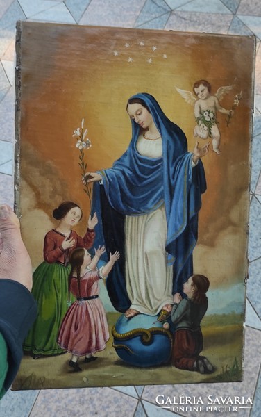 Gyönyörű antik, festmény Szentkép,XlX.szàzad letisztított àllapotban.Madonna angyalokkal, Szűzanya