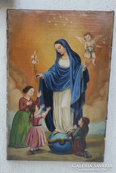 Gyönyörű antik, festmény Szentkép,XlX.szàzad letisztított àllapotban.Madonna angyalokkal, Szűzanya