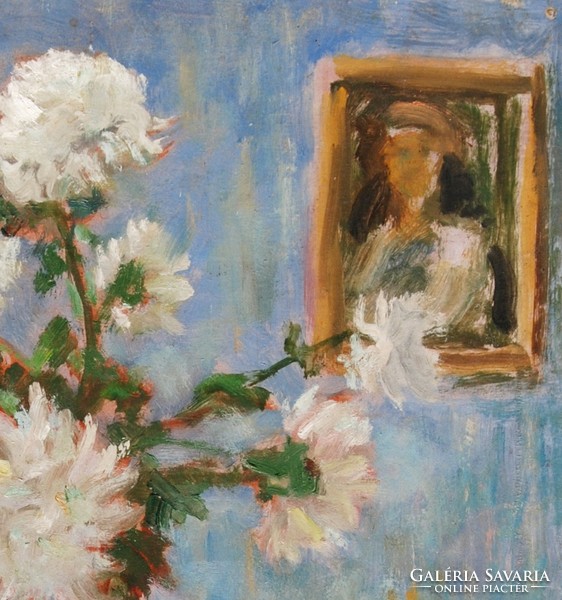 Kastaly István (1892-1991): Porcelán akt virágok között, 1977 - asztali csendélet, keretezve