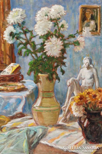 István Kastaly (1892-1991): porcelain nude among flowers, 1977 - table still life, framed
