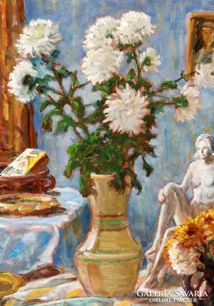 István Kastaly (1892-1991): porcelain nude among flowers, 1977 - table still life, framed
