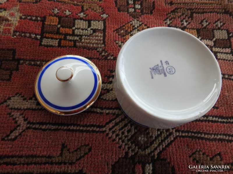 Old Czechoslovakian white sugar bowl with gold and blue border