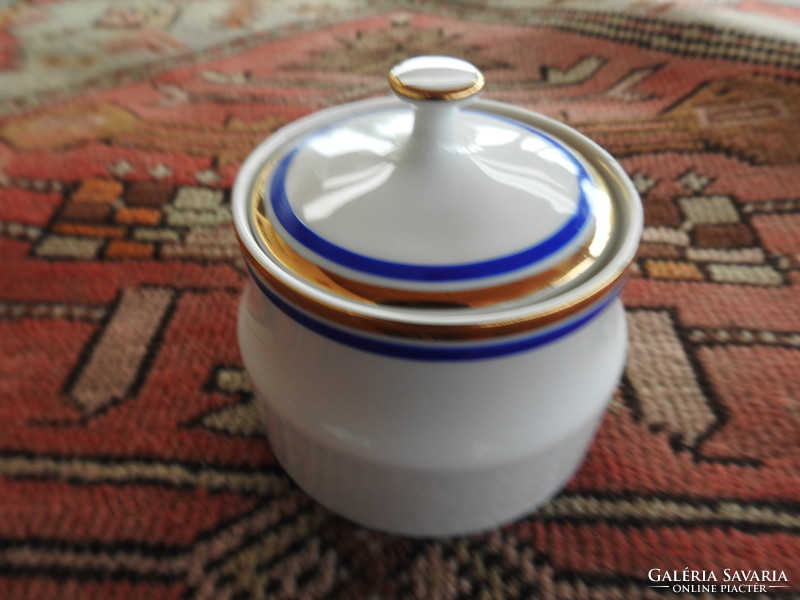 Old Czechoslovakian white sugar bowl with gold and blue border