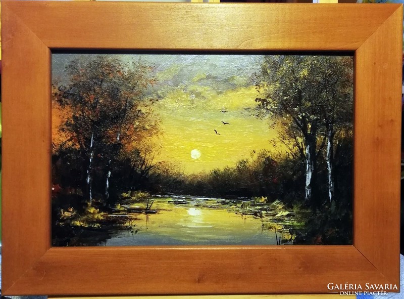 Károlyi Katalin- forest edge sunset (20 x 30, oil, pickled in wooden frame)