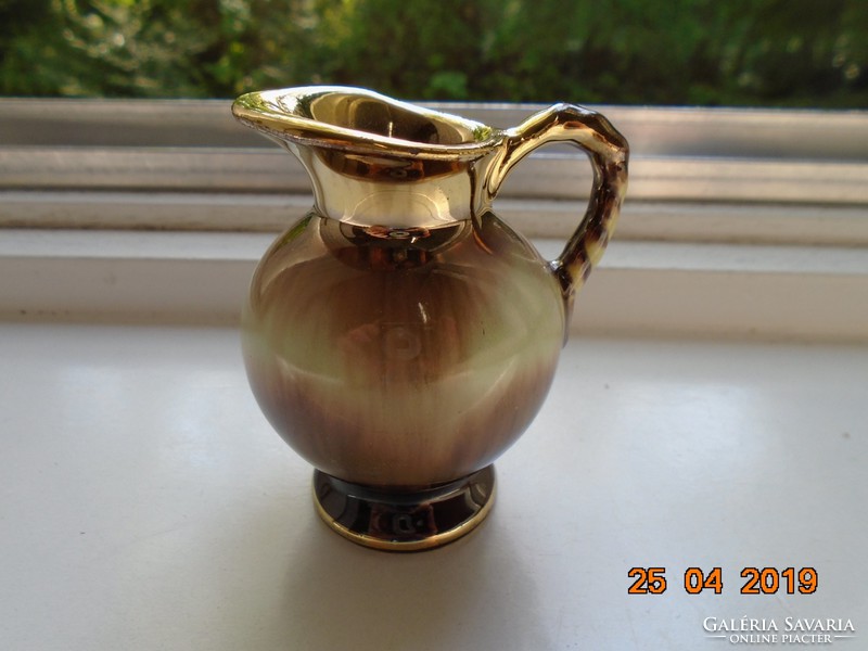 Gold, green and brown shades, braided tongs, numbered small ceramic decorative jug