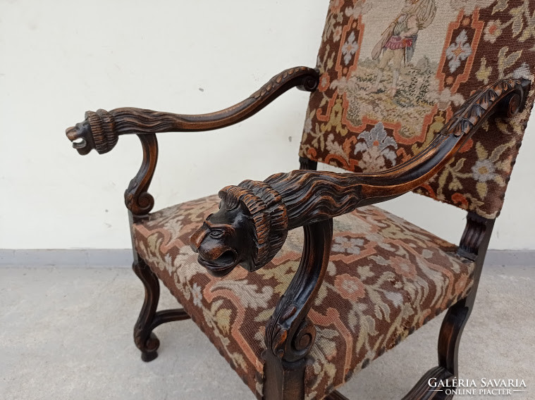 Antik reneszánsz gobelin lyukas kárpitopzású dúsan faragott karfás karos szék karosszék 4199
