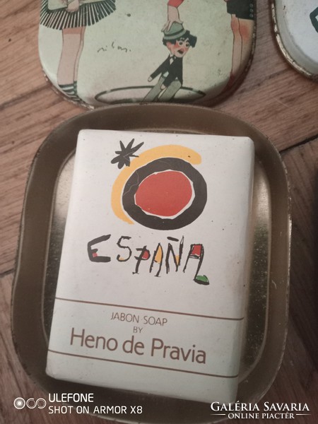 Kicsi spanyol Heno De Pravia pléh dobozos szappan gyűjtemény Miró és Rivas designnal az 1970-es évek