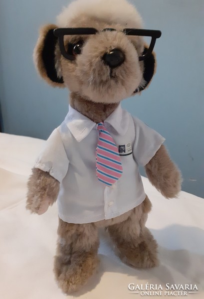 Meerkat in striped tie, glasses, with identification card
