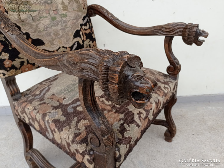 Antik reneszánsz dudás gobelin kárpitopzású dúsan faragott oroszlán karfás karos szék karosszék 4198