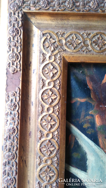 Galambokat etető  Jézus és Mária - XIX-XX.sz olaj vászon,ismeretlen művész ,szép aranyozott keret