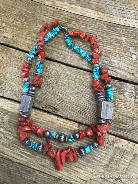 Handmade coral and turquoise stone necklace