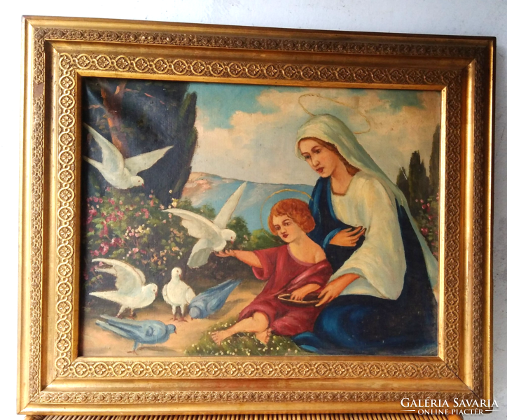 Jesus and Mary feeding pigeons - xix-xx.O oil on canvas, unknown artist, beautiful gilded frame