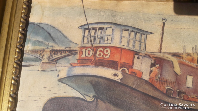 Hajó a Dunán (akvarell kerettel 35x40) "Kántor J." jelzéssel - Budapest, Margit-híd?, 1931 -
