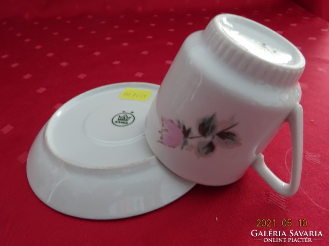 Kahla German porcelain coffee cup + placemat with pink flower pattern. He has!