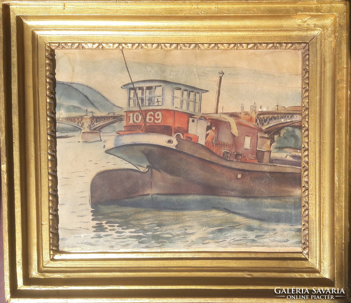 Hajó a Dunán (akvarell kerettel 35x40) "Kántor J." jelzéssel - Budapest, Margit-híd?, 1931 -
