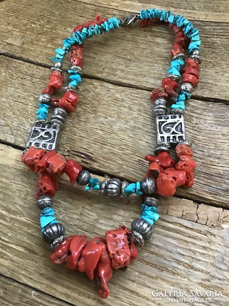 Handmade coral and turquoise stone necklace