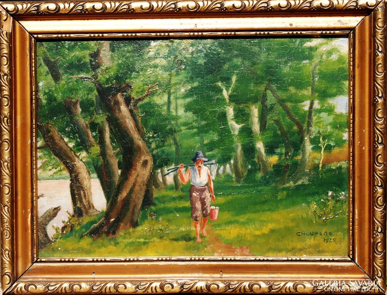 Ede Chlup: fisherman walking home, 1929 - oil painting, framed