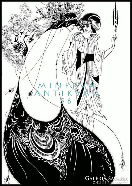 Pávás szoknya, Aubrey Beardsley illusztráció tus tollrajz reprint nyomat szecesszió 1894 női divat