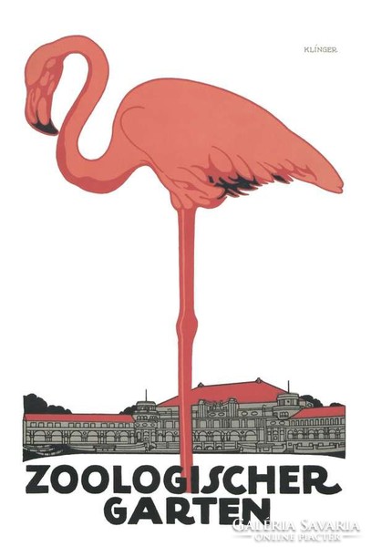 Vintage állatkerti plakát reprint nyomat Klinger német rózsaszín flamingó madár épületek minimalista