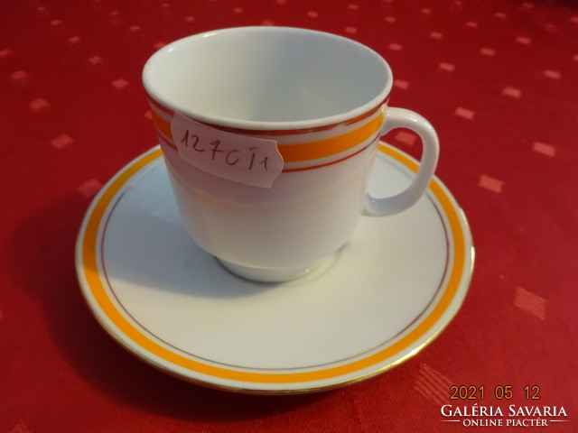 Czechoslovak porcelain, yellow striped coffee cup + placemat. He has!