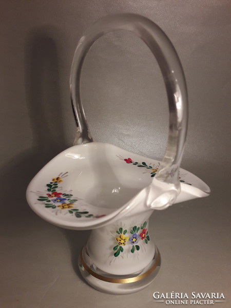Bohemia or poschinger hand painted glass basket vase rarity