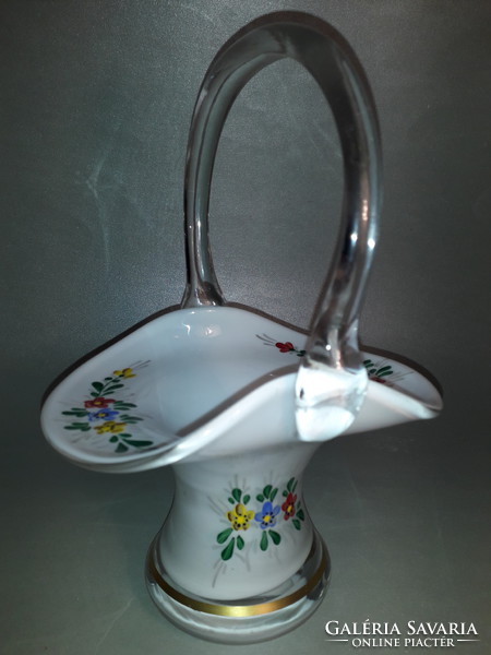 Bohemia vagy Poschinger kézzel festett üveg kosár váza ritkaság