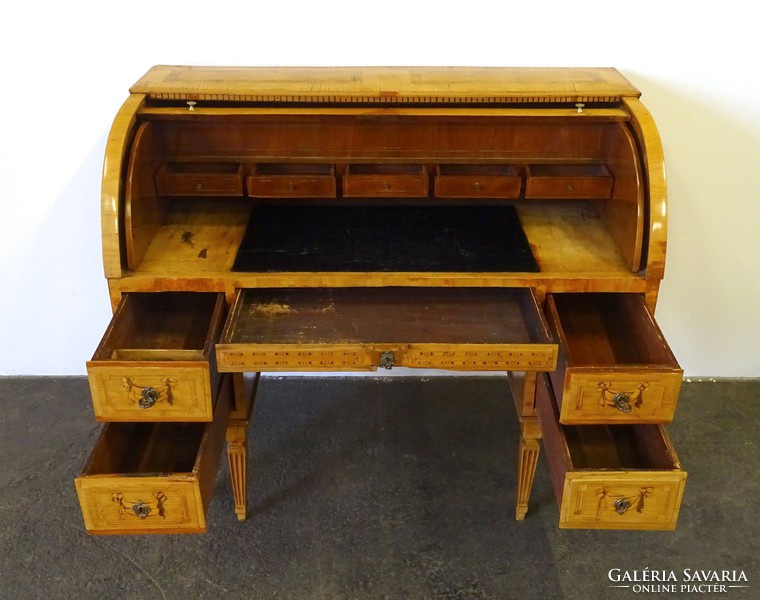 1E064 Antik masnis intarziás copf redőnyös íróasztal