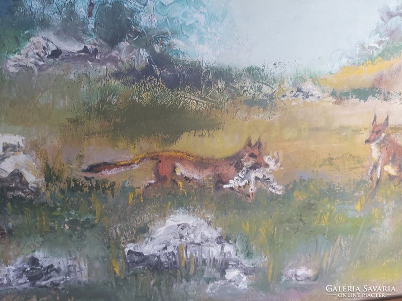 Hunting foxes (oil painting, canvas, framed 55x80) fauna, natural, rocky landscape
