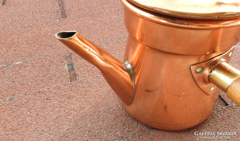 Antique red copper kitchen tool - tea pouring pot with wooden handle