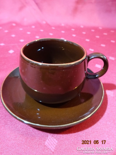 Csoki barna mázas kerámia, arany szegélyes kávéscsésze + alátét. Vanneki!