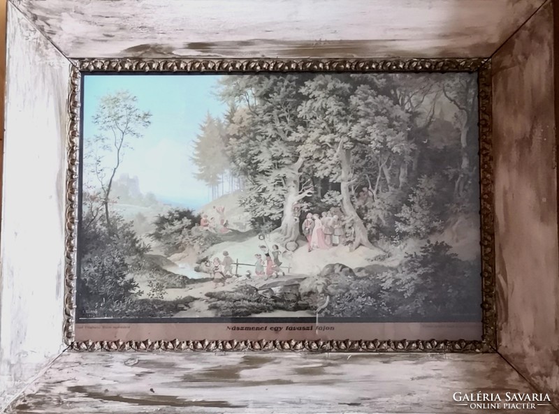 Fk/074 - adrián lajos richter - print of his painting wedding procession in a spring landscape in a vintage frame