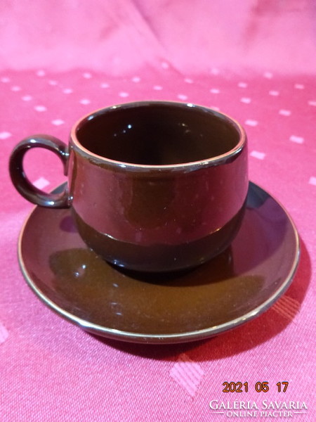 Chocolate brown glazed ceramic breakfast set with gold border. He has!