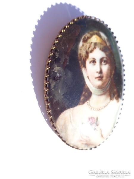 Antique porcelain hand painted female portrait with brooch