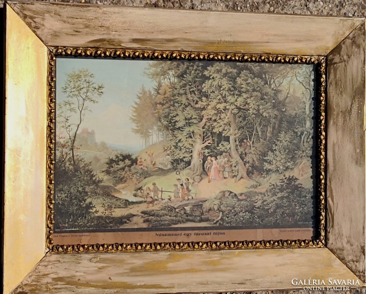 FK/074 - Richter Adrián Lajos – Nászmenet egy tavaszi tájon festményének nyomata vintage keretben