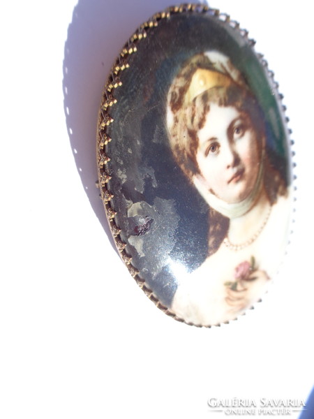 Antique porcelain hand painted female portrait with brooch