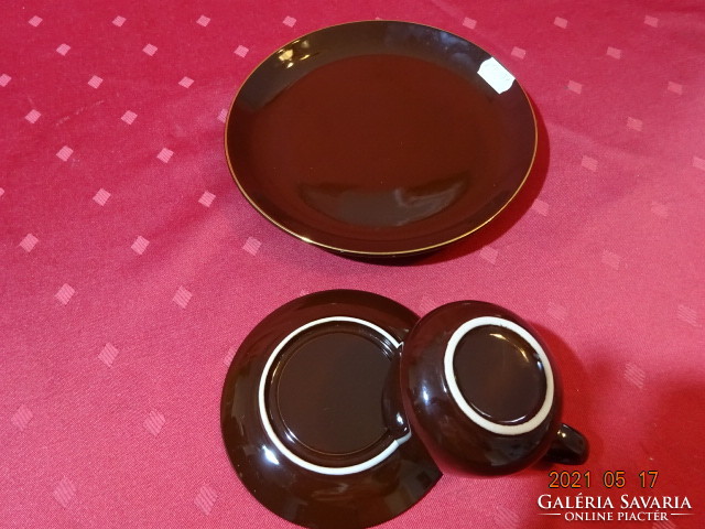 Chocolate brown glazed ceramic breakfast set with gold border. He has!