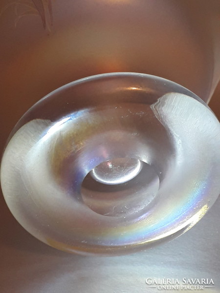 Eisch unlabeled iridescent stained floral gold striped glass offering bowl of candy fruit