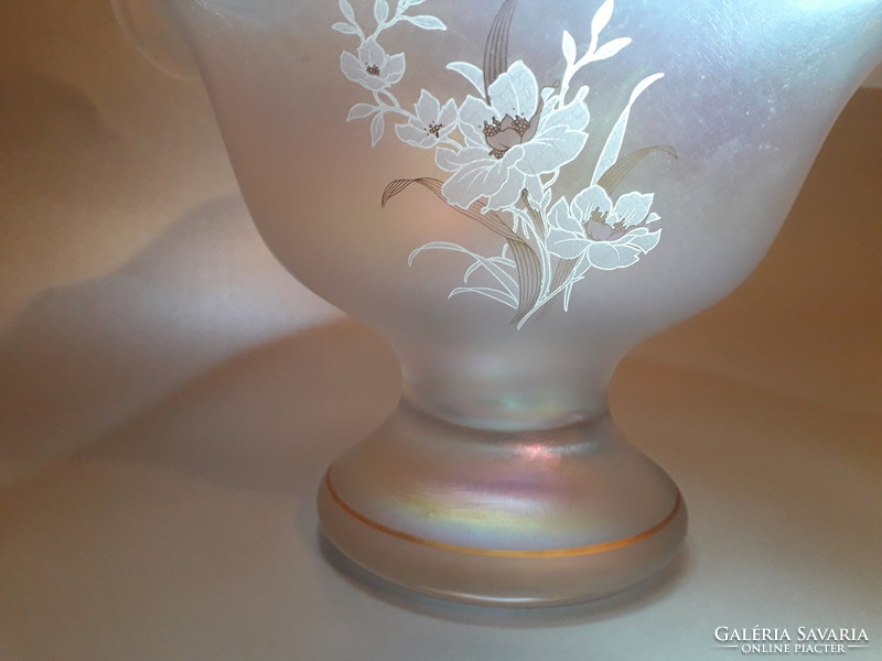 Eisch unmarked iridescent painted floral gold striped glass fruit serving bowl