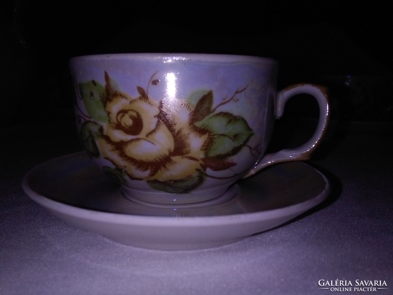 Sárga rózsás, lüszter mázas porcelán kávés készlet - négy személyes