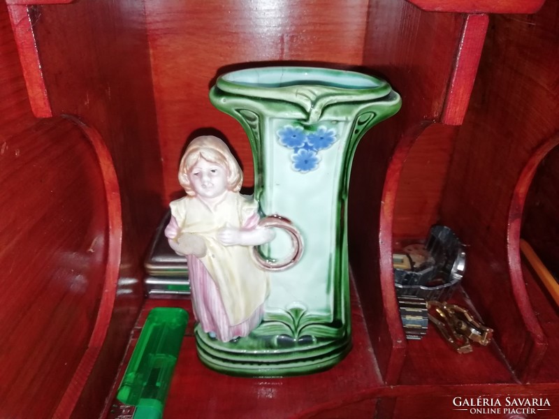 Antique majolica vase little girl