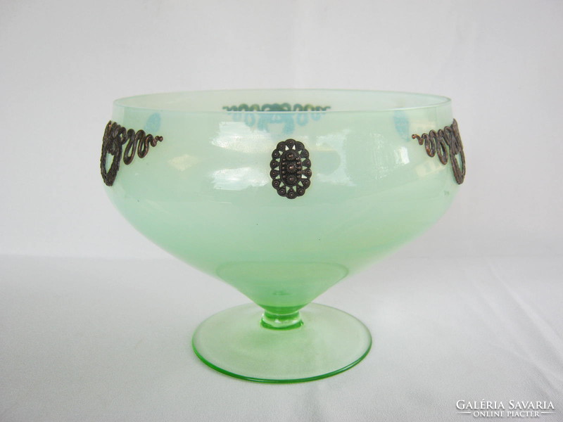 Green glass serving bowl with a base in a circle with appliqué decoration 16x14 cm
